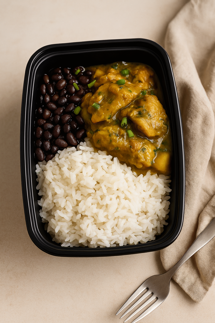 Curry chicken, rice, and black beans